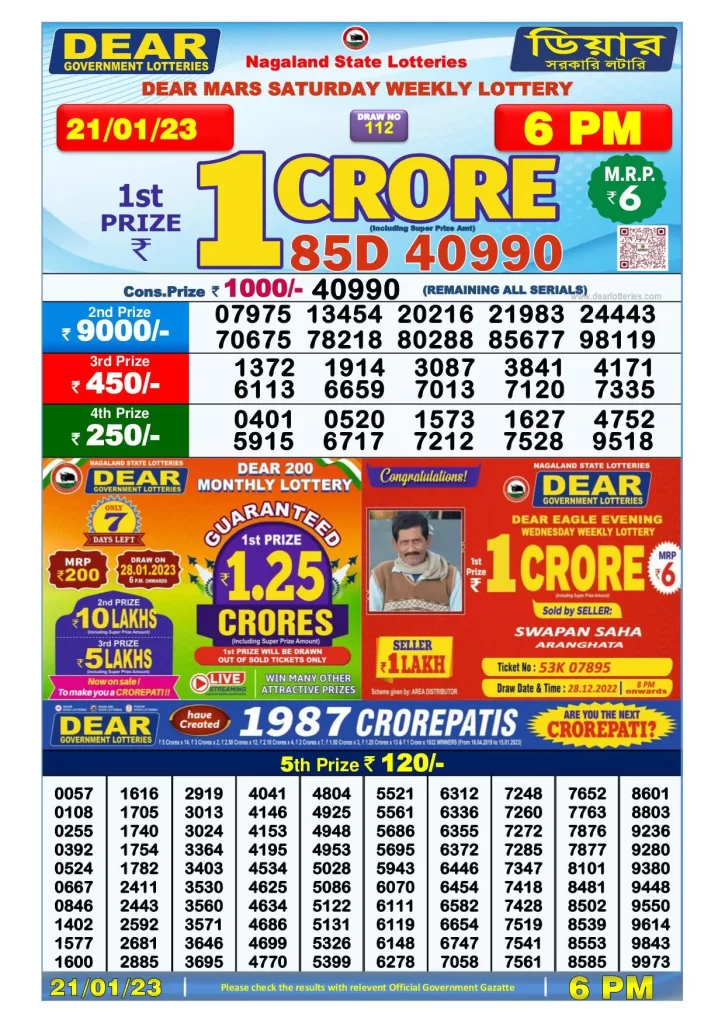 Lottery Sambad Day Result 6 PM 21.1.2023