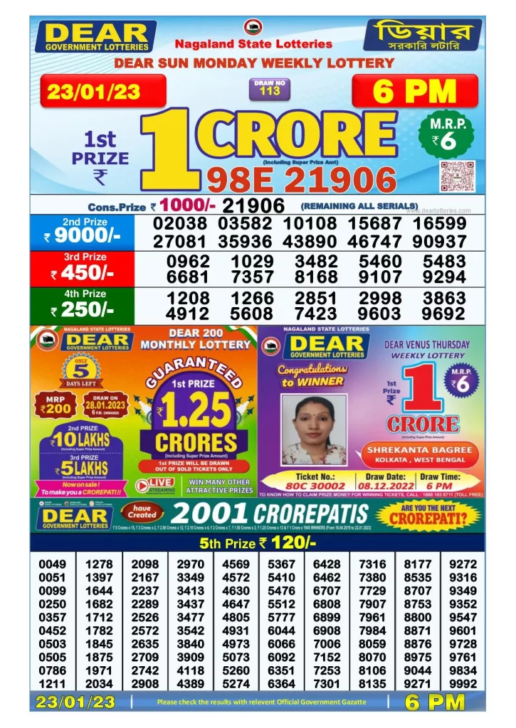 Lottery Sambad Day Result 6 PM 23.1.2023