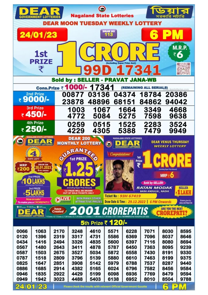 Lottery Sambad Day Result 6 PM 24.1.2023