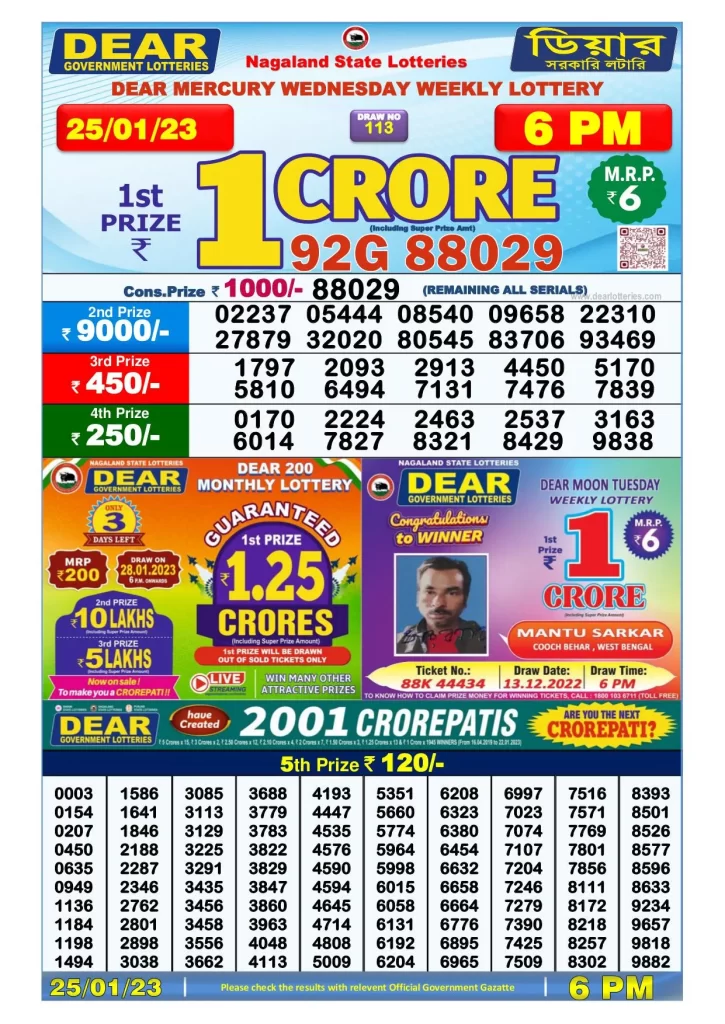 Lottery Sambad Day Result 6 PM 25.1.2023