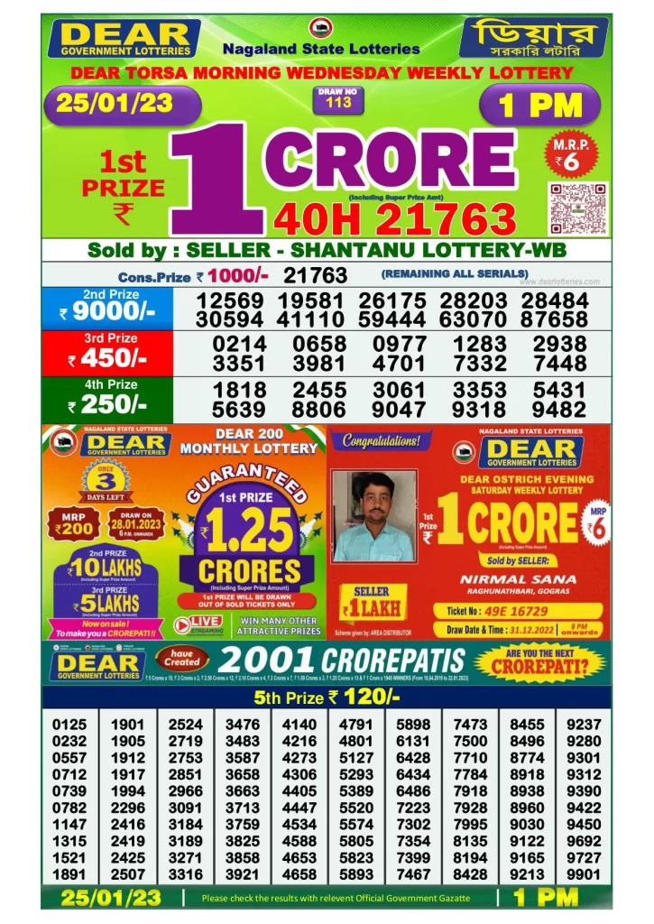 Lottery Sambad Morning Result 1 PM 25.1.2023