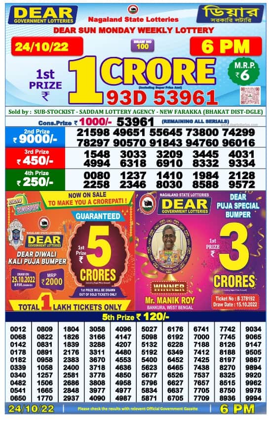 Lottery Sambad Day Result 6 PM 24.10.2022