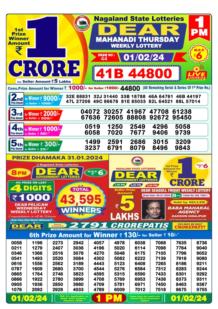 Lottery Sambad Morning Result 1 PM 1.2.2024