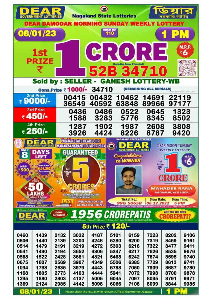 Lottery Sambad Morning Result 1 PM 8.1.2023