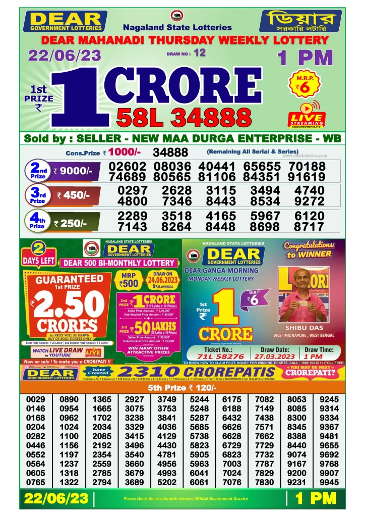 Lottery Sambad Morning Result 1 PM 22.6.2023