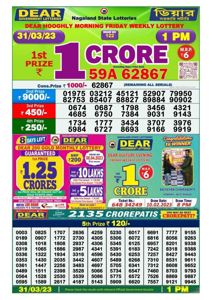 Lottery Sambad Morning Result 1 PM 31.3.2023