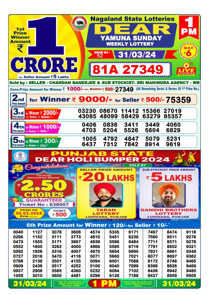 Lottery Sambad Morning Morning Result 1 PM 31.3.2024