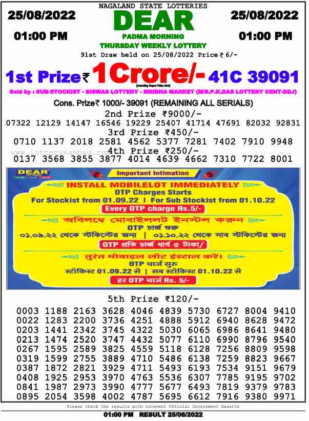 Lottery Sambad Result 1:00 PM Morning Nagaland Lottery 25.8.2022