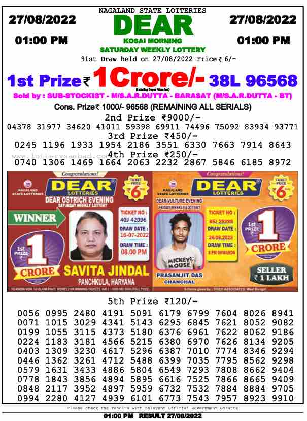 Lottery Sambad Result 1:00 PM Morning Nagaland Lottery 27.8.2022