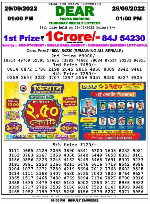 Lottery Sambad Result 1:00 PM Morning Nagaland Lottery 29.9.2022