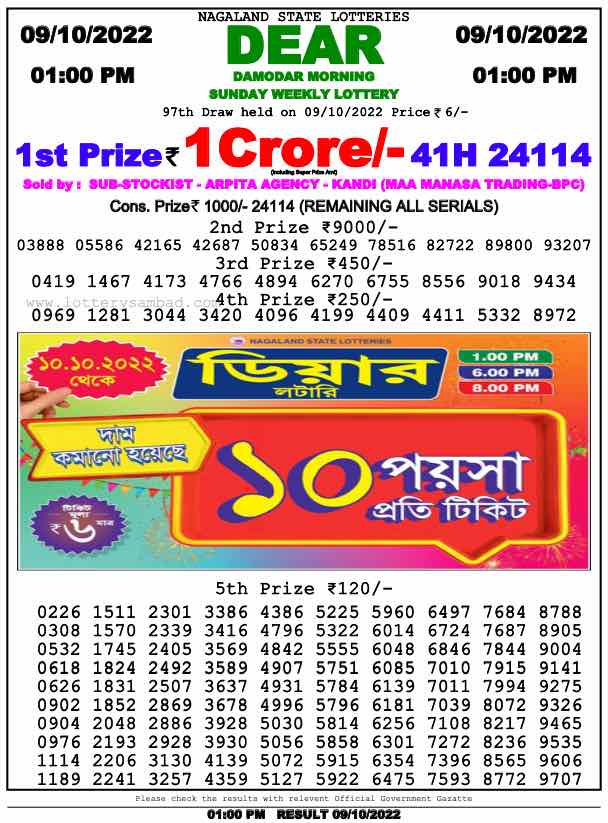 Lottery Sambad Result 1:00 PM Morning Nagaland Lottery 9.10.2022