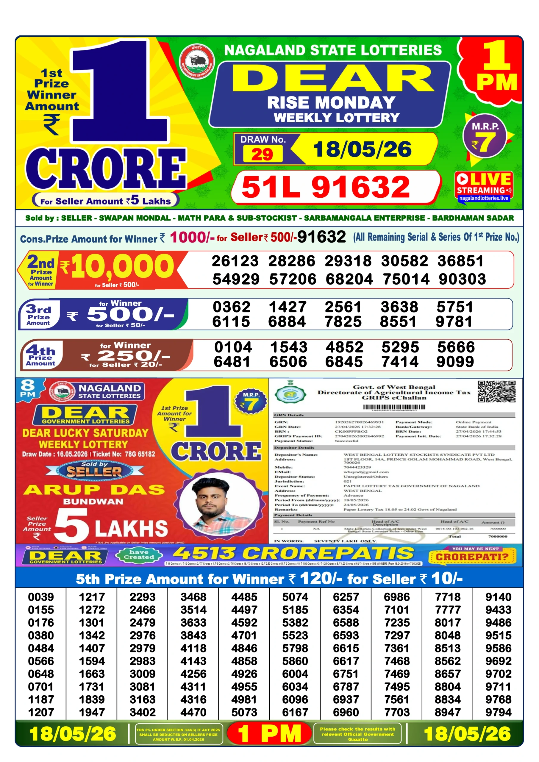 Lottery Sambad Morning 1 PM 18.5.2026