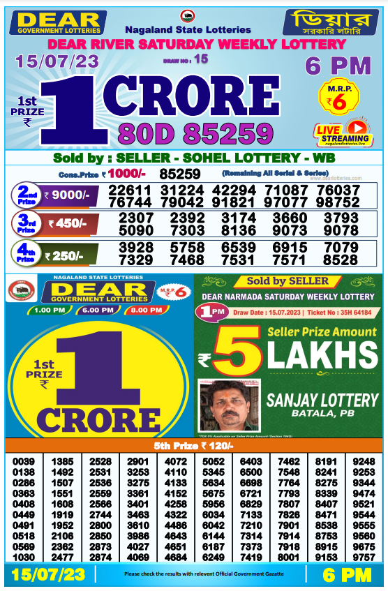Lottery Sambad Day Result 6 PM 15.7.2023