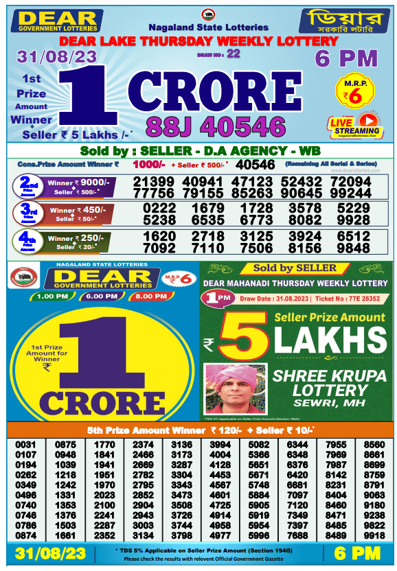 Lottery Sambad Day Result 6 PM 31.8.2023
