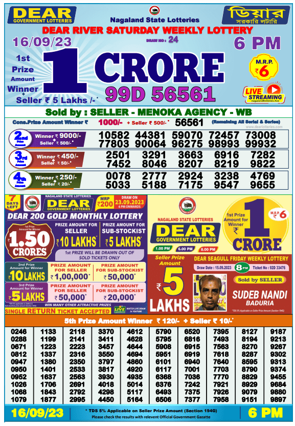 Lottery Sambad Day Result 6 PM 16.9.2023