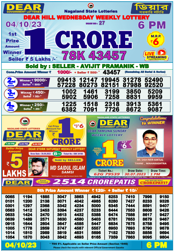 Lottery Sambad Day Result 6 PM 4.10.2023