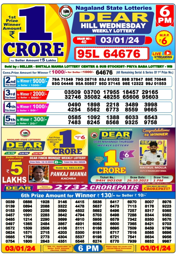 Lottery Sambad Day Result 6 PM 3.1.2024