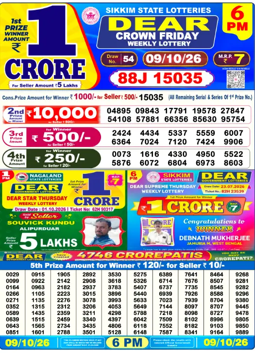 Lottery Sambad Day Result 6 PM 9.10.2026