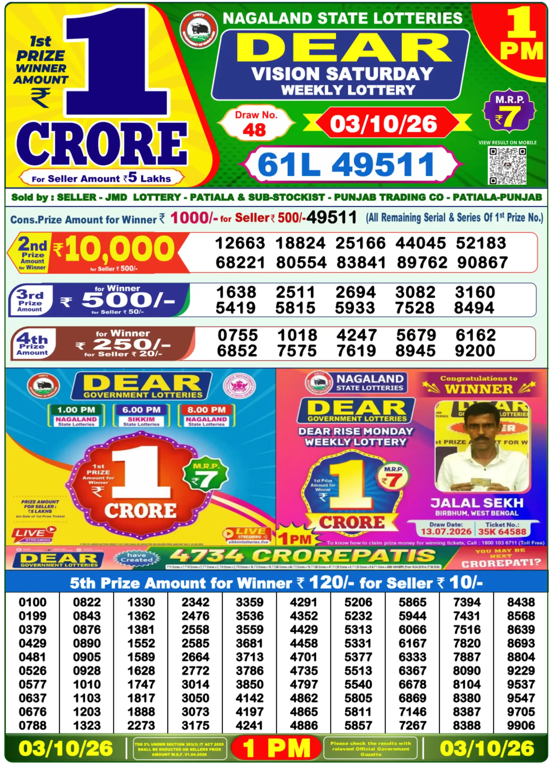 Lottery Sambad Morning 1 PM 3.10.2026