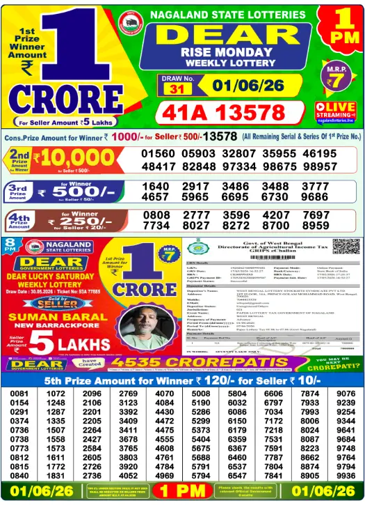 Lottery Sambad Morning 1 PM 1.6.2026