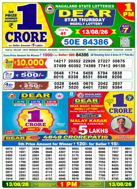 Lottery Sambad Morning 1 PM 13.8.2026