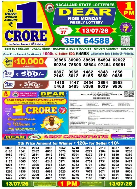 Lottery Sambad Morning 1 PM 13.7.2026