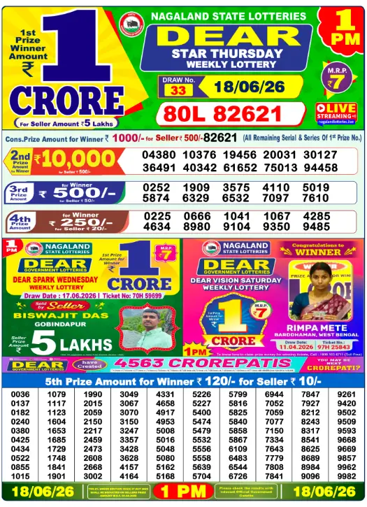 Lottery Sambad Morning 1 PM 18.6.2026