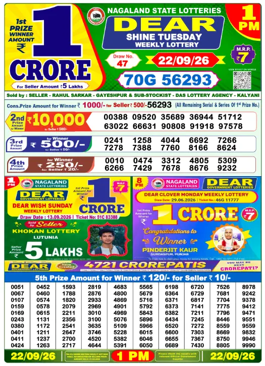Lottery Sambad Morning 1 PM 22.9.2026