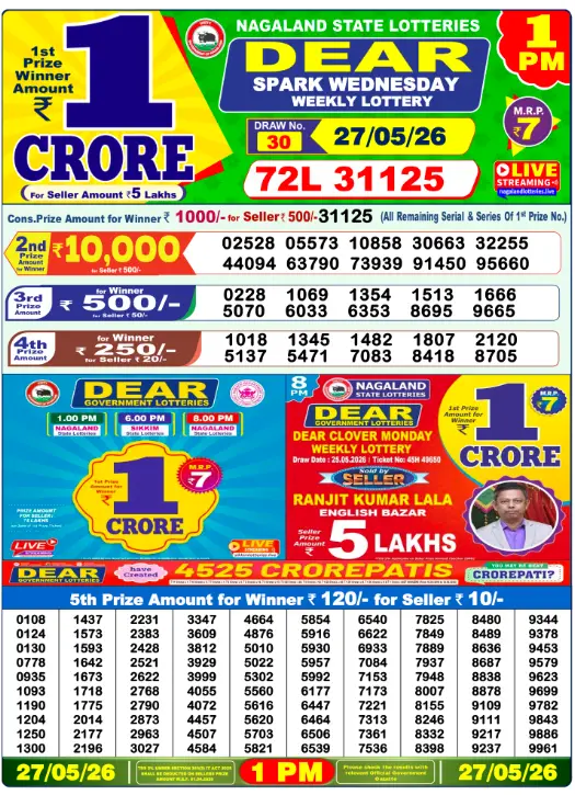 Lottery Sambad Morning 1 PM 27.5.2026