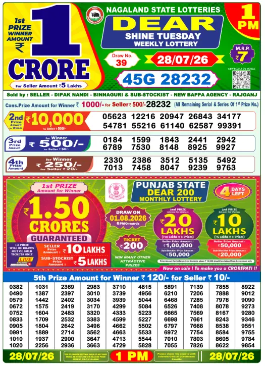 Lottery Sambad Morning 1 PM 28.7.2026