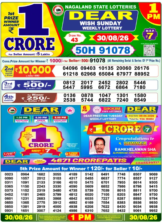 Lottery Sambad Morning 1 PM 30.8.2026