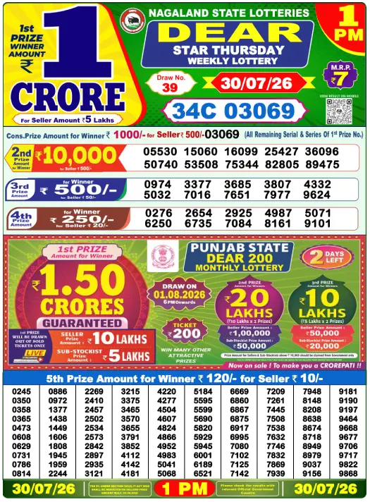 Lottery Sambad Morning 1 PM 30.7.2026