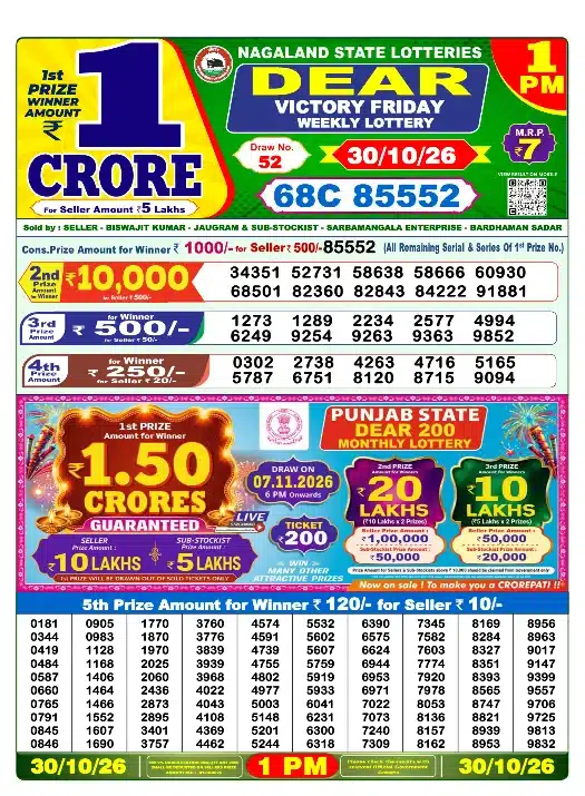 Lottery Sambad Morning 1 PM 30.10.2026