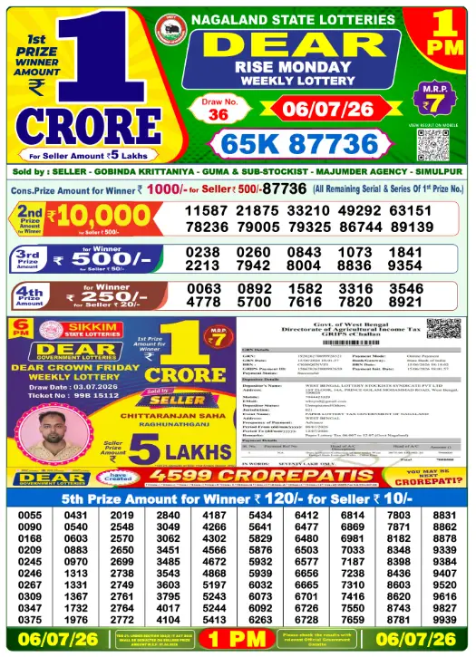 Lottery Sambad Morning 1 PM 6.7.2026