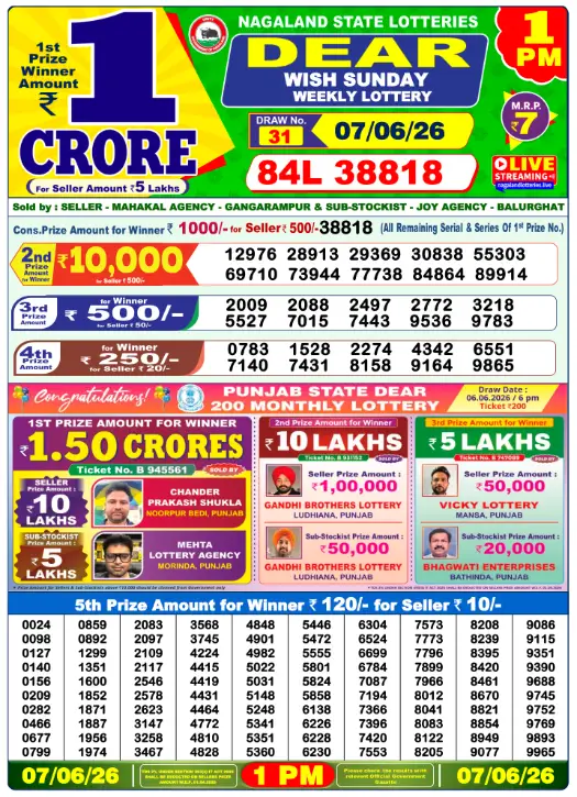 Lottery Sambad Morning 1 PM 7.6.2026