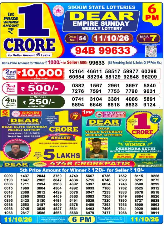 Lottery Sambad Day Result 6 PM 11.10.2026