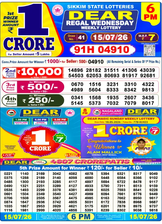 Lottery Sambad Day Result 6 PM 15.7.2026