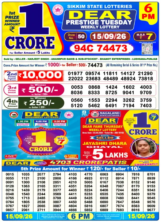 Lottery Sambad Day Result 6 PM 15.9.2026