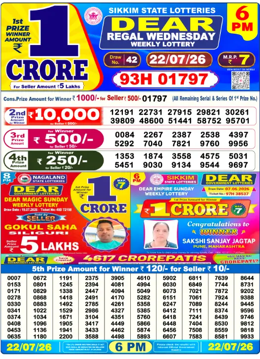 Lottery Sambad Day Result 6 PM 22.7.2026