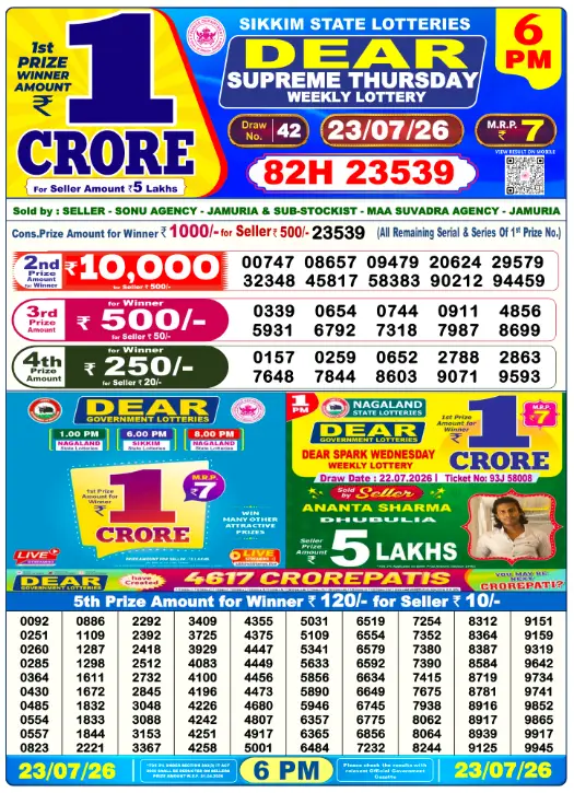 Lottery Sambad Day Result 6 PM 23.7.2026