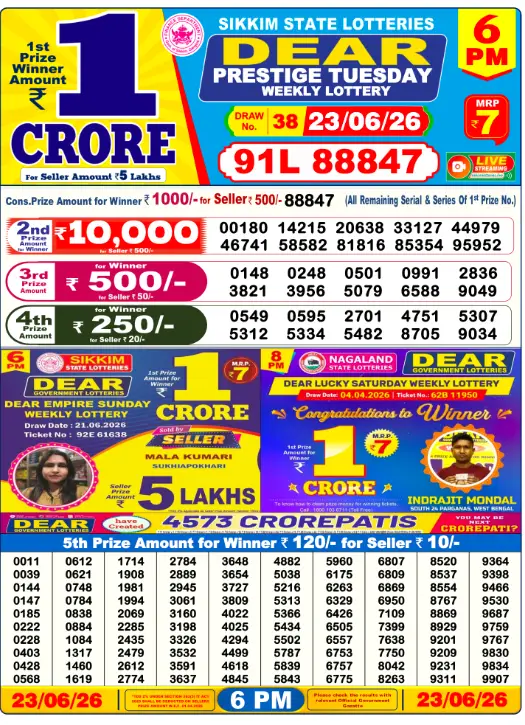 Lottery Sambad Day Result 6 PM 23.6.2026