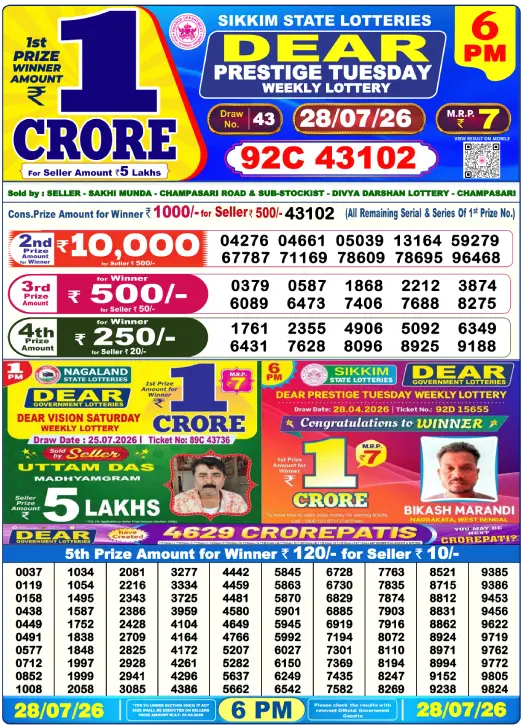 Lottery Sambad Day Result 6 PM 28.7.2026