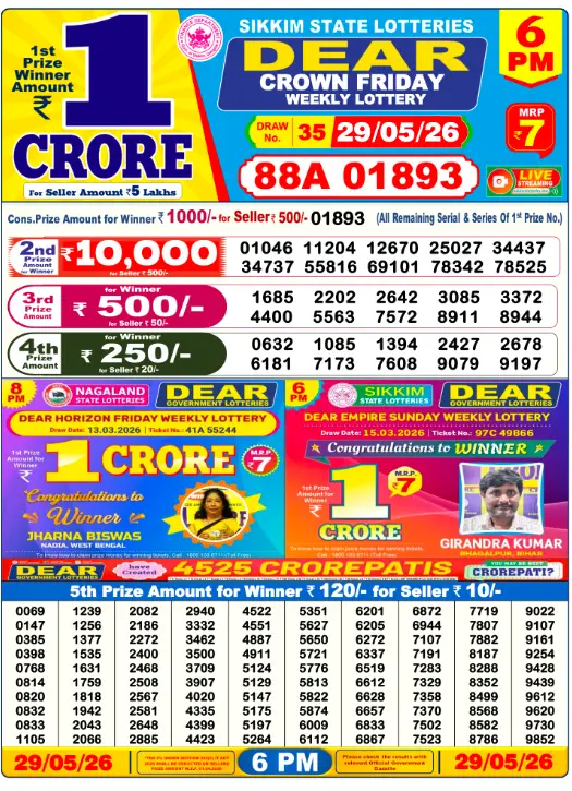 Lottery Sambad Day Result 6 PM 29.5.2026