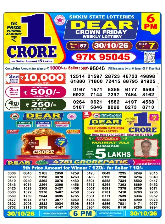 Lottery Sambad Day Result 6 PM 30.10.2026