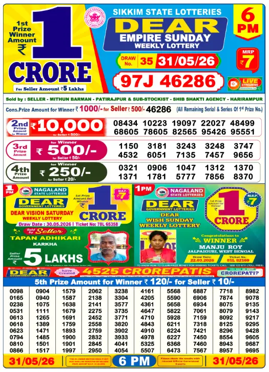 Lottery Sambad Day Result 6 PM 31.5.2026