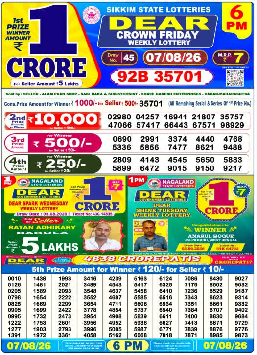 Lottery Sambad Day Result 6 PM 7.8.2026