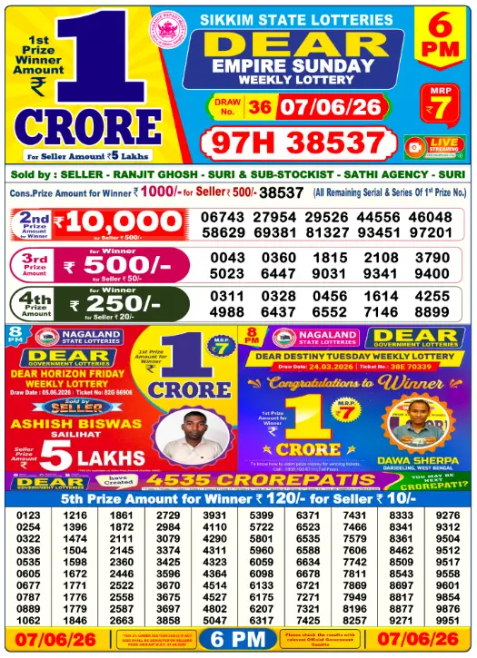 Lottery Sambad Day Result 6 PM 7.6.2026