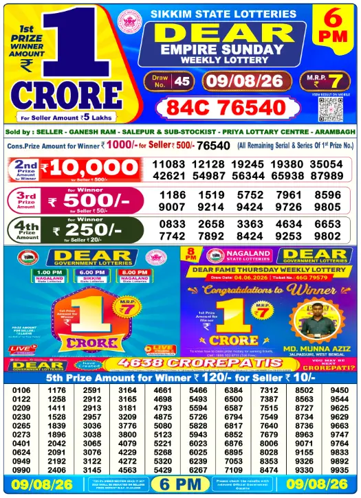 Lottery Sambad Day Result 6 PM 9.8.2026