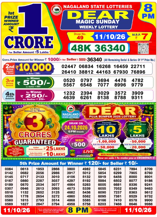 Nagaland State Lottery 8 PM 11.10.2026 Result