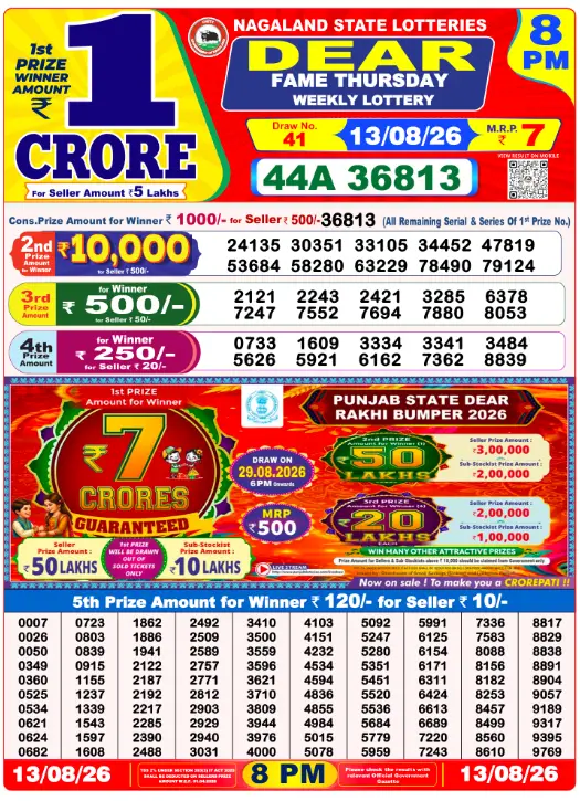 Lottery Sambad 8 PM Evening Result 13.8.2026
